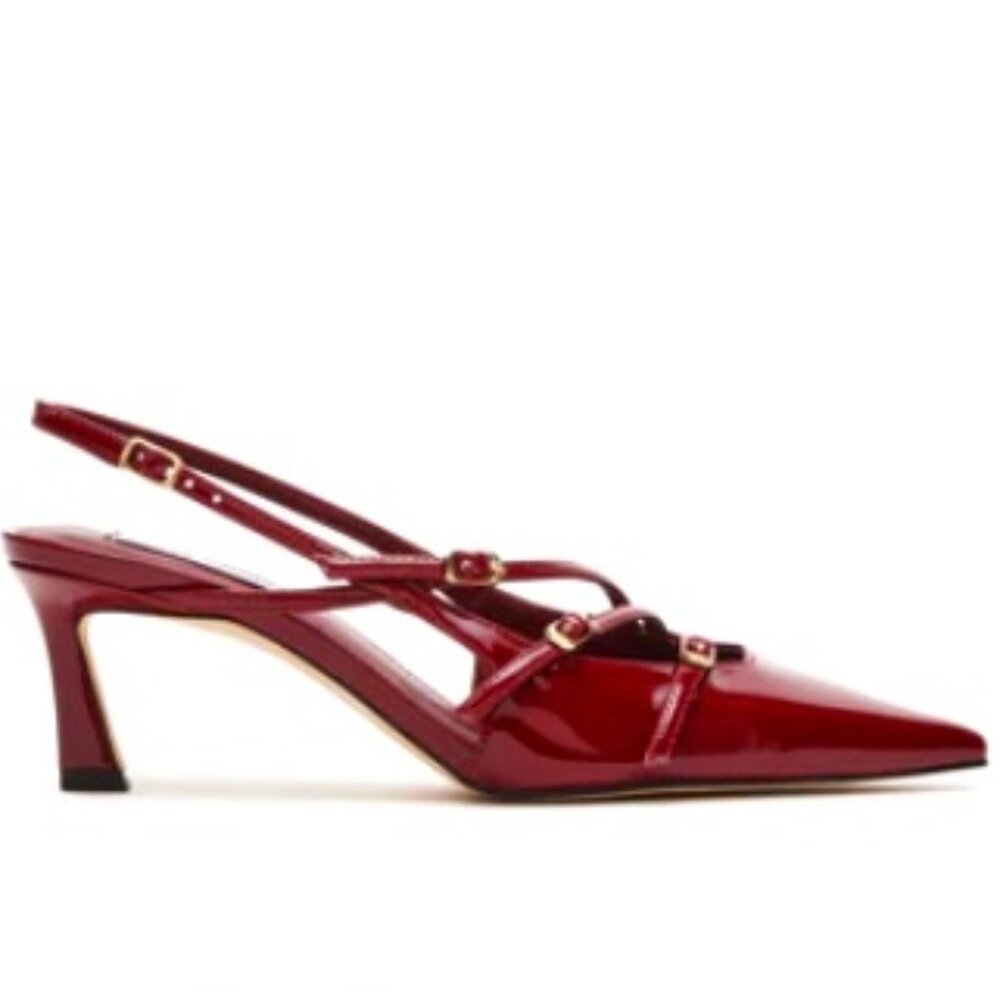 Steve Madden, Red, Silver Straps, Kitten Heel, Mules, Patent, 10